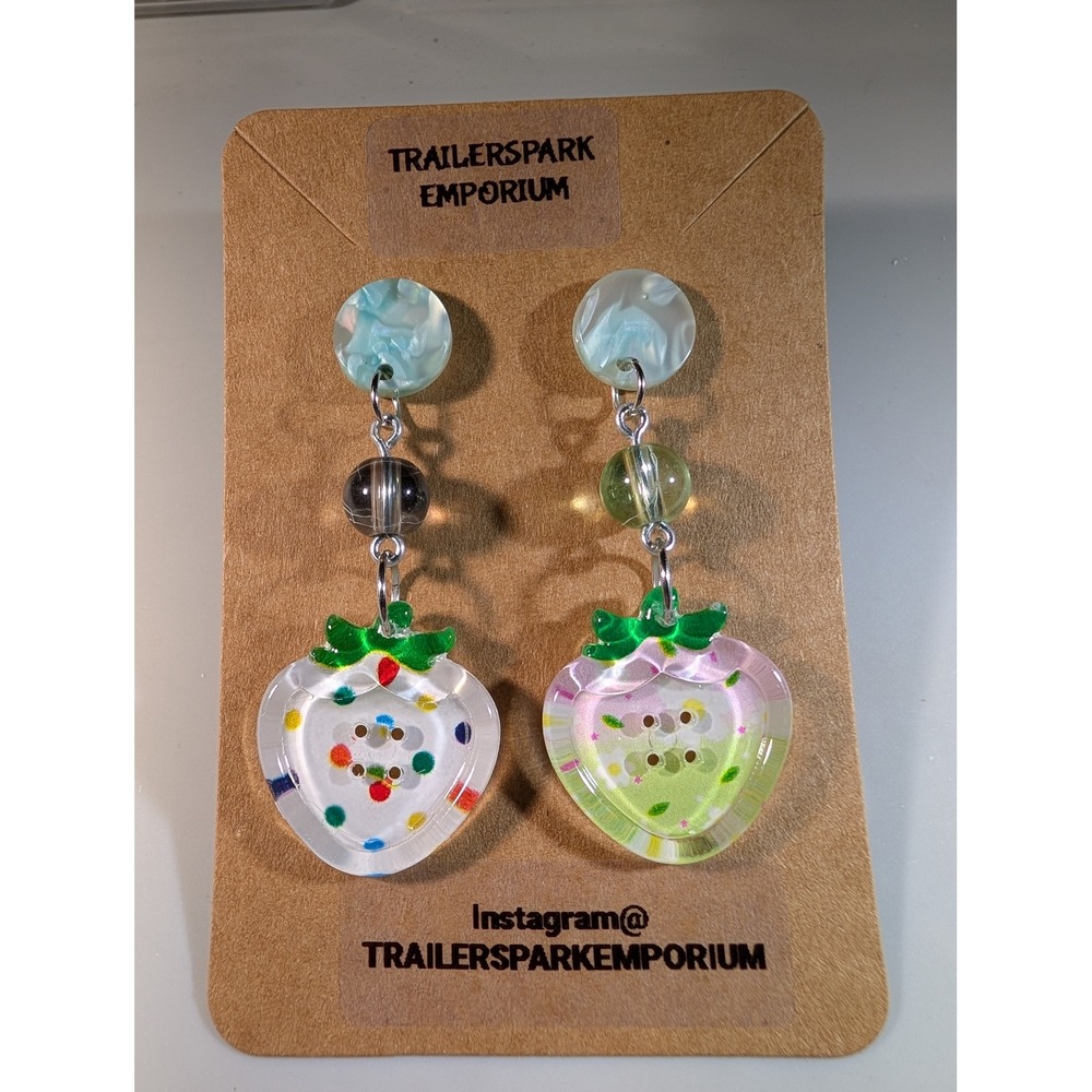 Trailerspark Emporium Strawberry Button Drop Earrings Mismatched Nickel Free